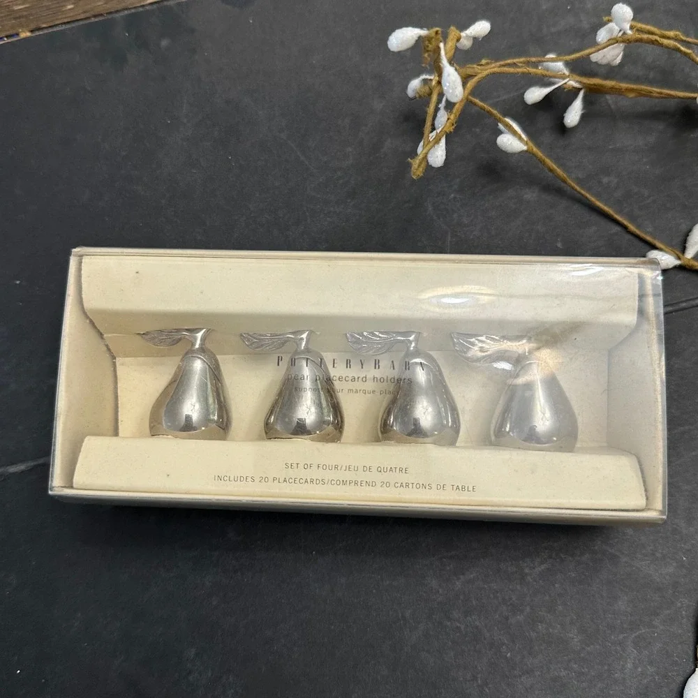 Pottery Barn Silver Tone Pear Shaped Placecard Holders Accent -New 4 pc